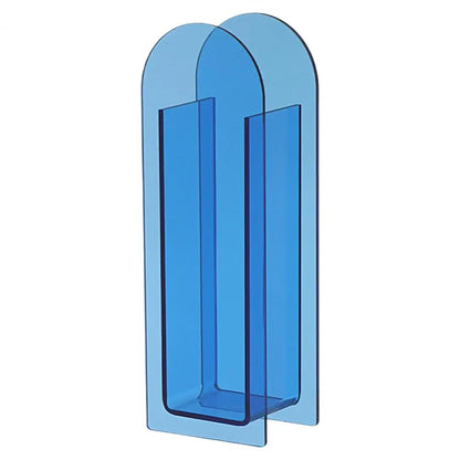 Translucent blue rainbow color acrylic flower vase with two overlapping arched panels in nordic style design