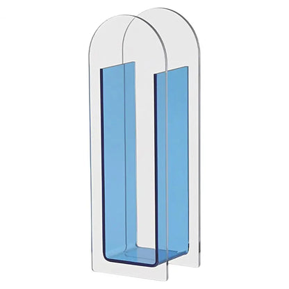 Transparent acrylic flower vase with two blue-tinted arched sections in nordic style rainbow color design by DecorBites