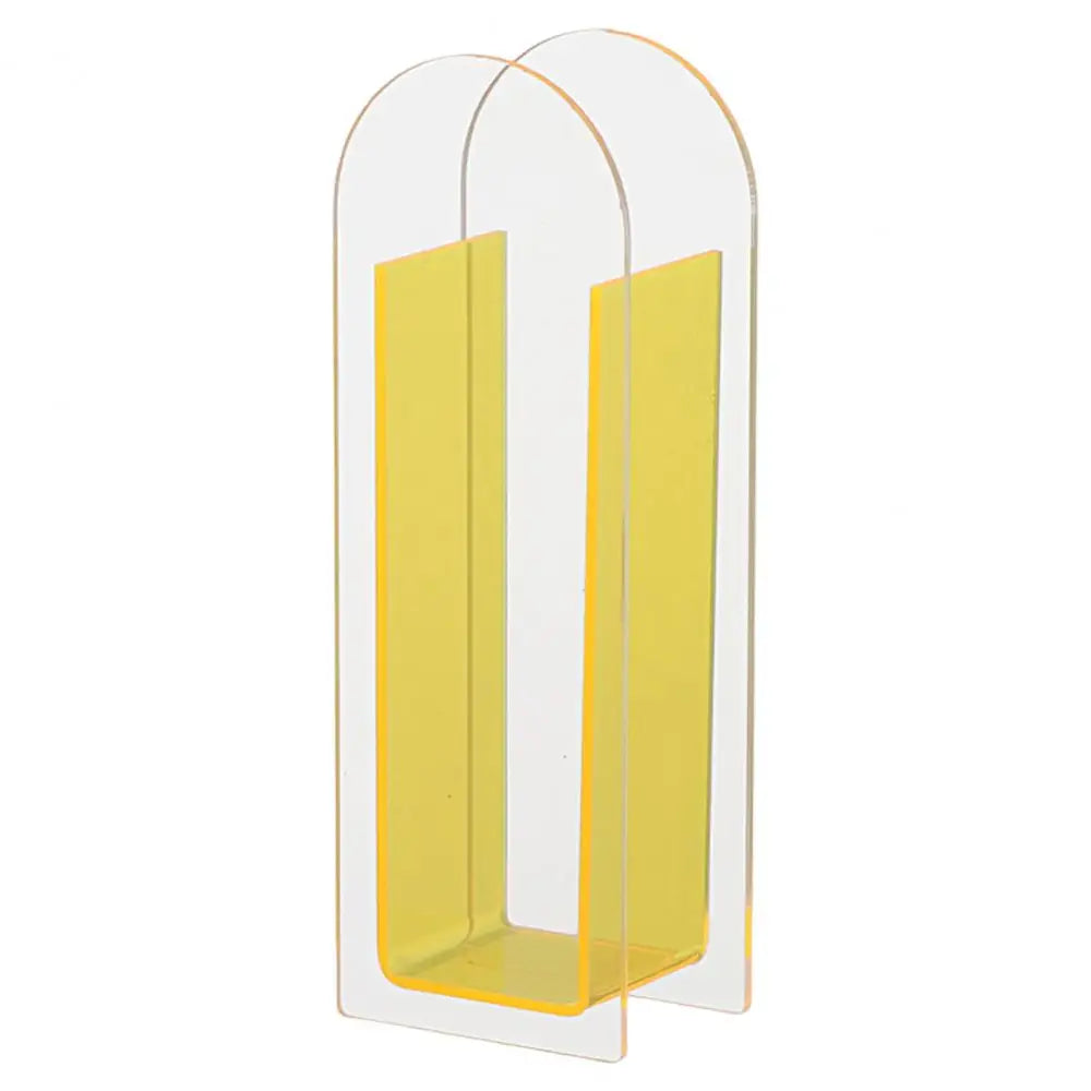 Transparent acrylic flower vase with two arched yellow tinted panels in nordic style by DecorBites rainbow color design