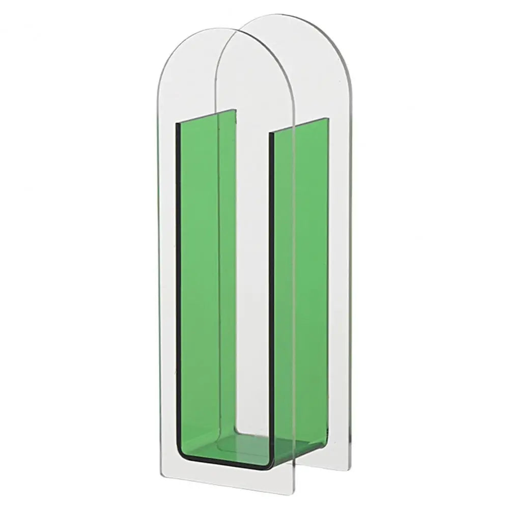 Transparent acrylic flower vase decorbites™ with two vertical green panels and arched top in nordic style rainbow color