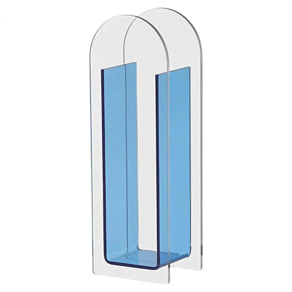 Transparent acrylic flower vase with two arched blue tinted sections in nordic style by DecorBites rainbow color design