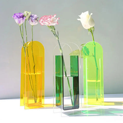 Decorbites™ nordic style flower vase set in vibrant translucent rainbow color acrylic in yellow green and lime hues