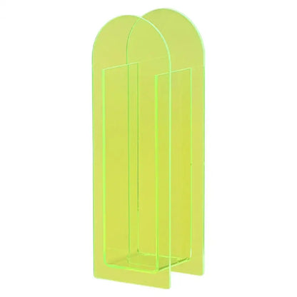 DecorBites™ nordic style vibrant neon green acrylic magazine rack with two arched compartments and rainbow color accents
