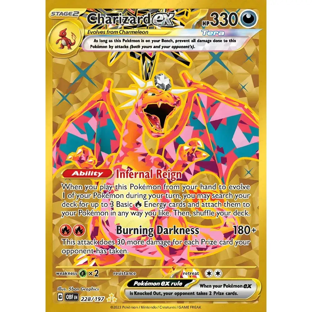 A vibrant japanese anime charizard cartoon card poster featuring a geometrically patterned charizard with a golden background