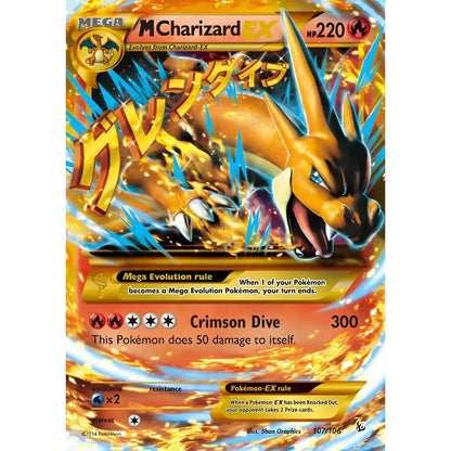 A vibrant orange and black megacharizard ex japanese anime charizard cartoon card with fiery electric-blue energy effects