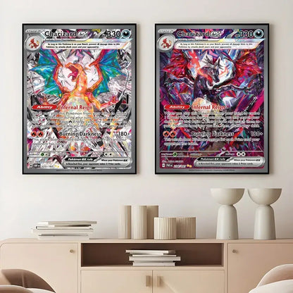 Two framed pokémon ex charizard trading card posters with vibrant metallic colors and detailed japanese anime artwork
