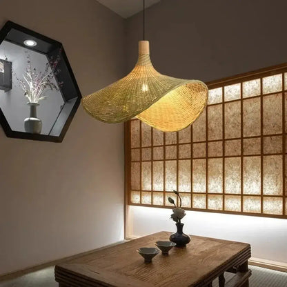 Decorbites™ rattan pendant light featuring a warm golden bamboo shade with a natural wood finial rattan hanging lights
