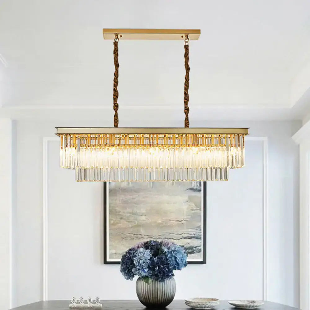 Decorbites™ rectangular 2-tier black gold pendant light with clear crystal prisms for living room island hanging fixture