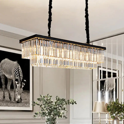 DecorBites rectangular 2-tier crystal pendant light with black metal frame and hanging chains for living room