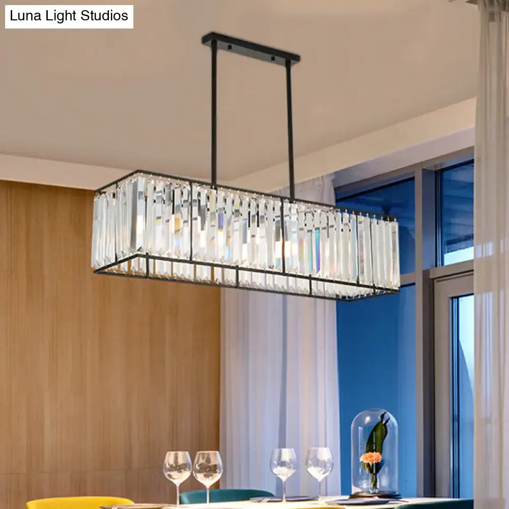 Decorbites rectangular clear crystal island pendant light with black metal frame and hanging rods for dining room