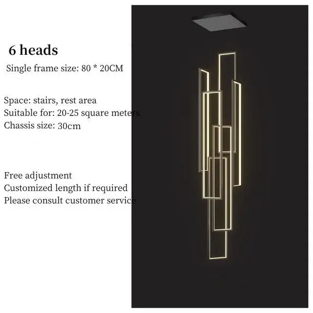 Decorbites™ rectangular led chandelier featuring six warm golden illuminated modern luster rectangle frames
