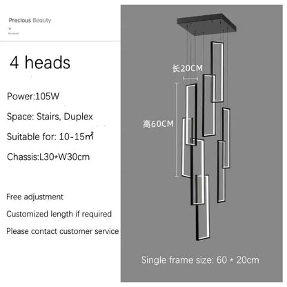 Modern black rectangular led chandelier by decorbites with four hanging light heads for contemporary living spaces