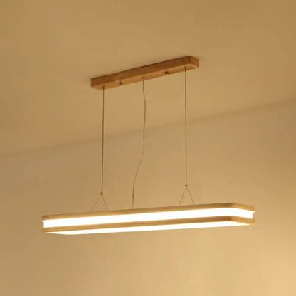 Decorbites rectangular wood island pendant light with warm white natural glow beige wood frame and metallic cords