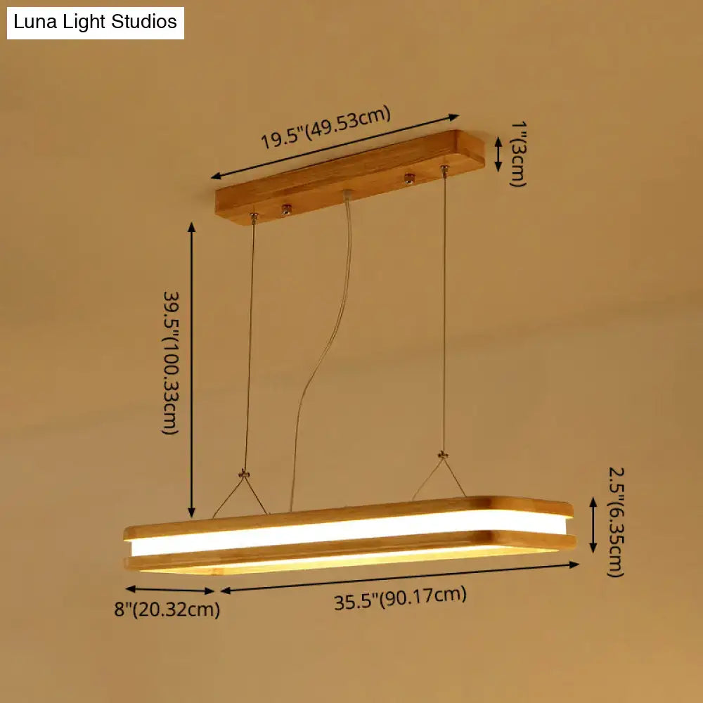 Decorbites rectangular wood island pendant light with warm white natural led strip and beige wood finish