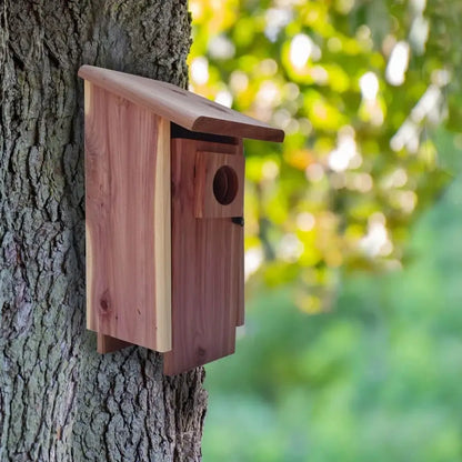 A rustic red cedar bluebird house with slanted roof and circular entrance mounted on a tree trunk by decorbites