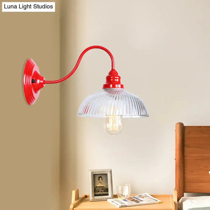 Vintage red ribbed glass wall sconce light with translucent shade and exposed bulb for living room decor