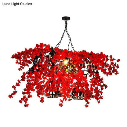 Decorbites red metal island ceiling light with vibrant red artificial cherry blossoms on black metal frame industrial suspension lamp