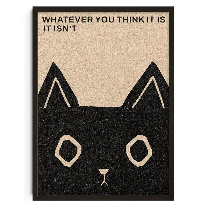 DecorBites™ retro abstract canvas print of a black cat face with beige eyes and nose in a black frame for home decor