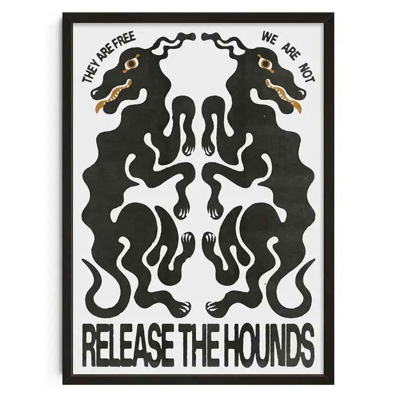 Black framed retro abstract canvas print featuring stylized hounds with gold accents and bold text for home decor