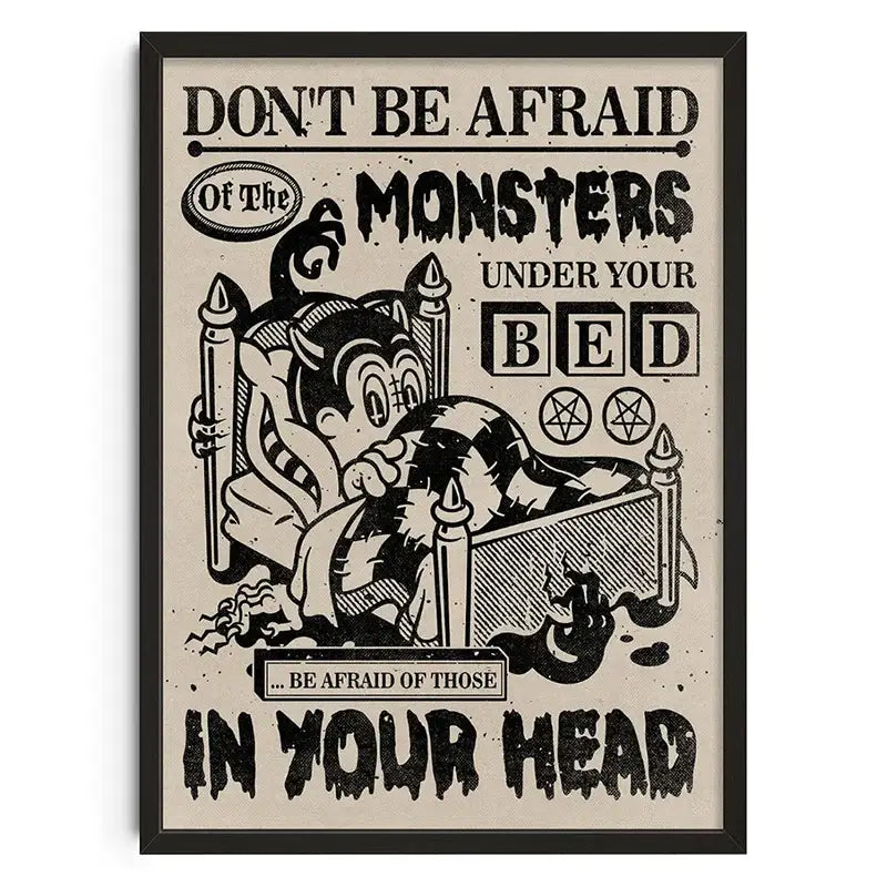 Black-framed DecorBites™ retro abstract canvas print featuring a vintage cartoon monster with bold motivational text for home decor