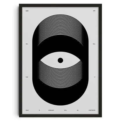 Black-framed minimalist decorbites™ retro abstract canvas print featuring stylized eye design on light gray background