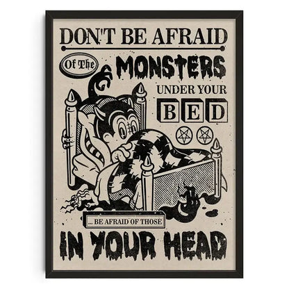 Black and white canvas print featuring a retro abstract cartoon monster with distressed typography for home decor