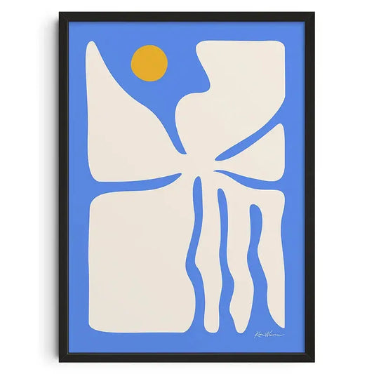 DecorBites™ retro abstract canvas print with blue frame cream organic shapes and yellow circle on vibrant blue background