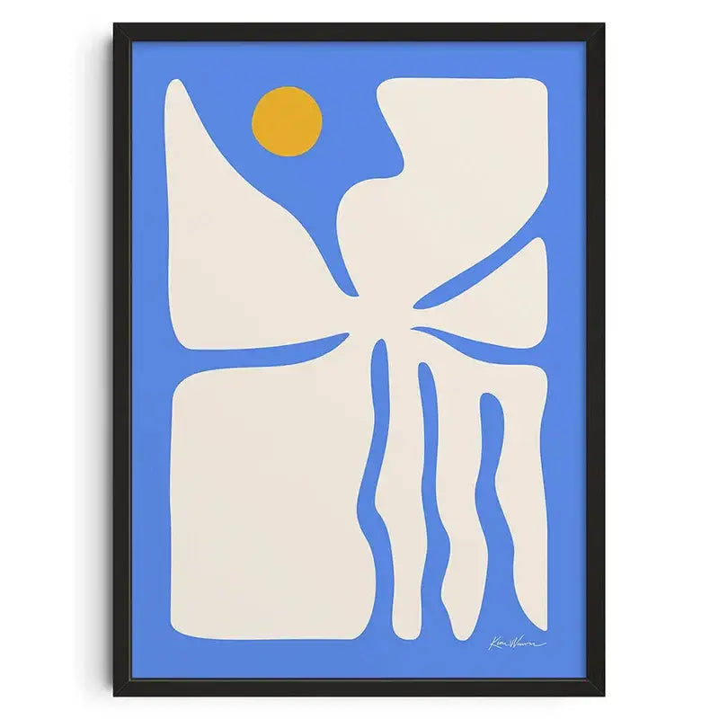 Blue-framed decorbites™ retro abstract canvas print with cream organic shapes and yellow circle on vibrant blue background