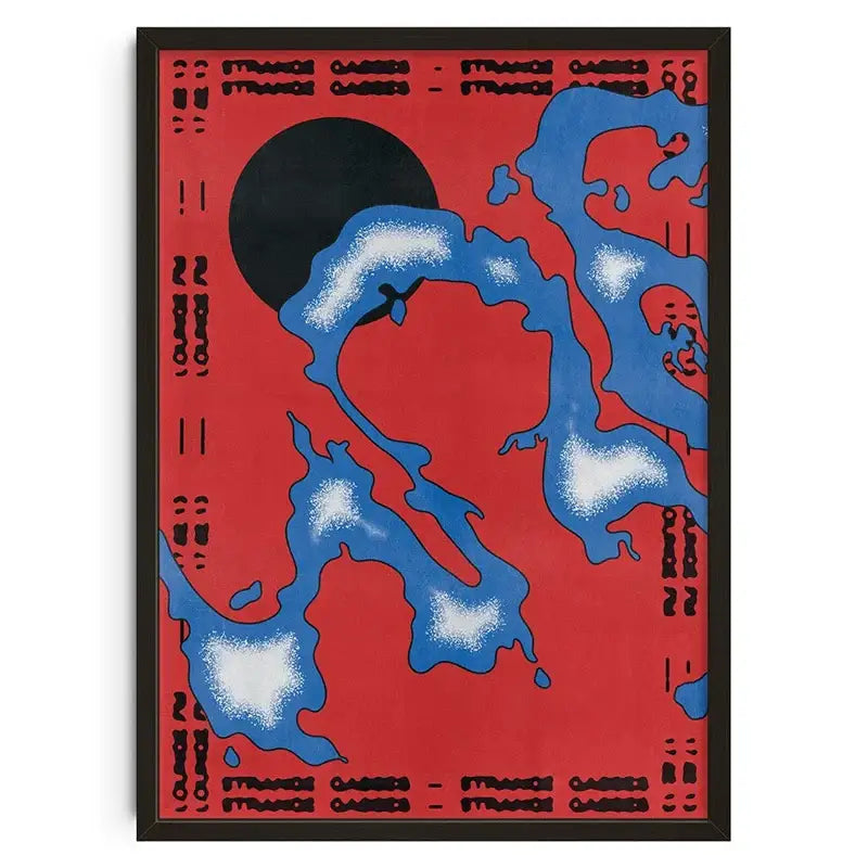 A bold red retro abstract canvas print featuring blue and white splashes and a black circular element in a black frame