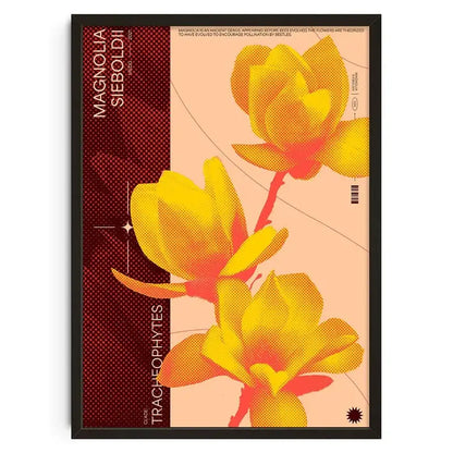A framed DecorBites™ retro abstract canvas print featuring yellow and orange magnolia flowers on a peach background