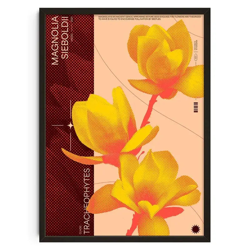A framed DecorBites™ retro abstract canvas print featuring vibrant yellow and orange magnolia flowers on peach background