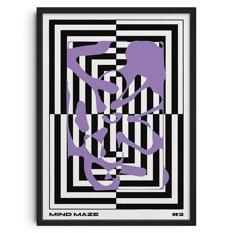 A framed DecorBites™ retro abstract canvas print featuring bold black white geometric patterns and flowing purple shapes labeled mind maze #2