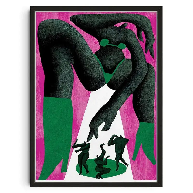 Decorbites™ retro abstract canvas print featuring bold black and green silhouettes on vibrant pink for home decor