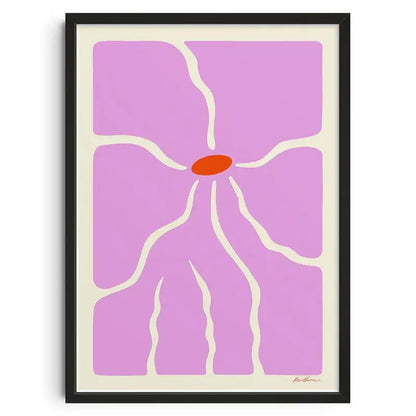 A retro abstract canvas print by DecorBites featuring a stylized purple flower with cream veins in a black frame