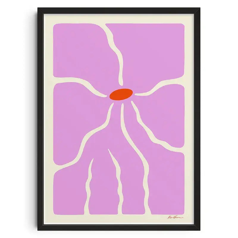 A retro abstract canvas print by DecorBites featuring a stylized purple flower with cream veins in a black frame