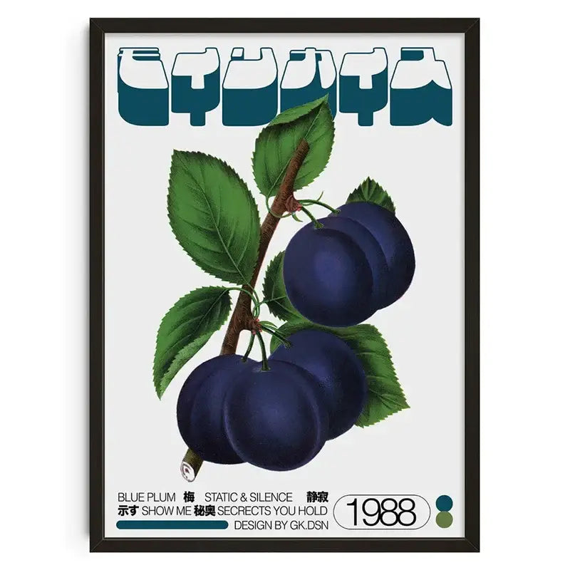 Framed decorbites™ retro abstract canvas print featuring botanical illustration of dark blue plums on light background