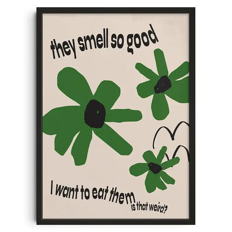 A decorbites™ retro abstract canvas print featuring bold black text and green stylized flowers on beige background