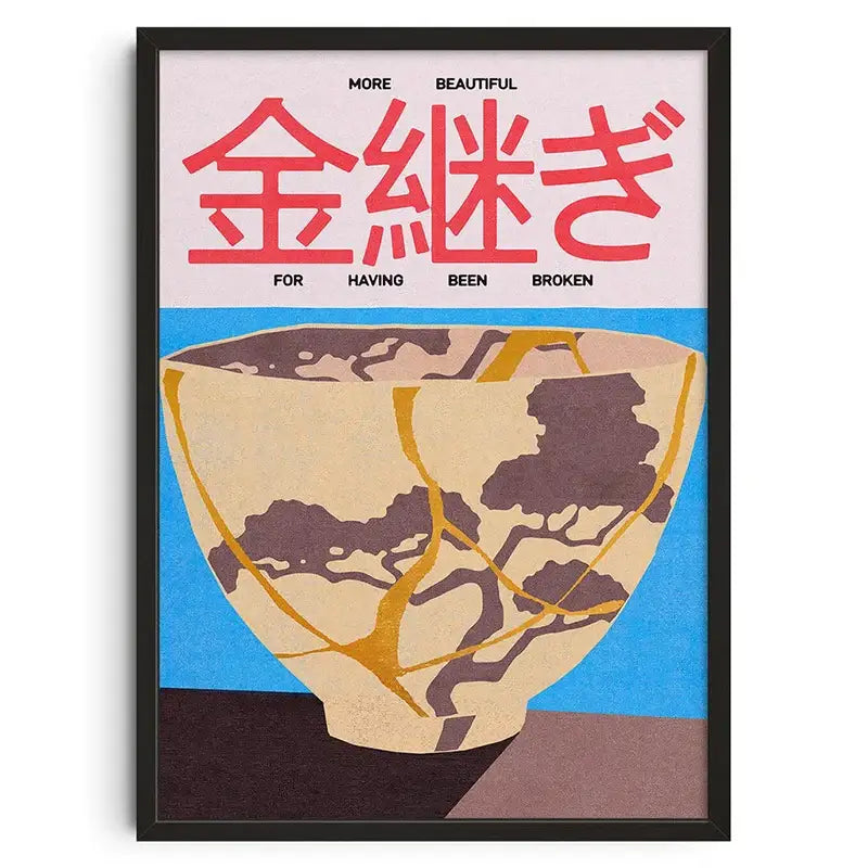 A DecorBites™ retro abstract canvas print featuring a beige ceramic bowl with gold repair and dark brown patterns