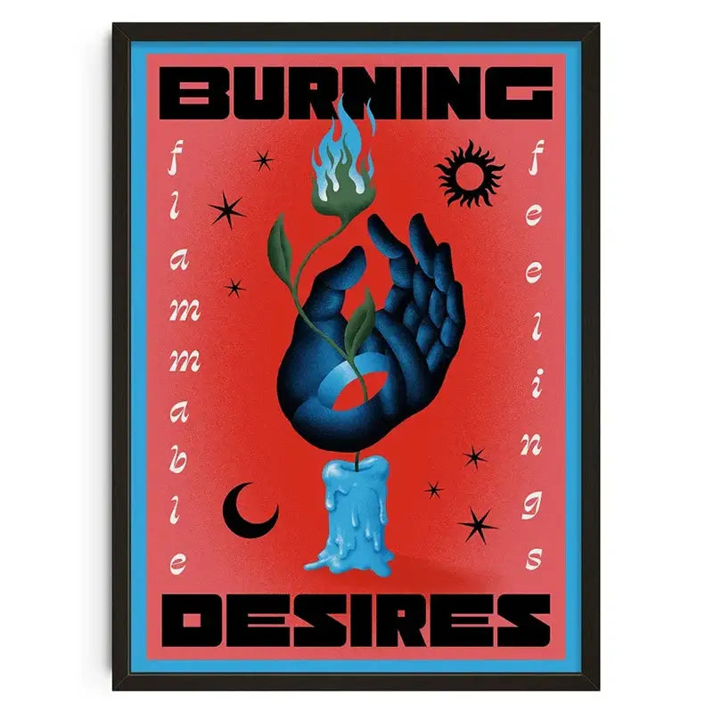 A decorbites™ retro abstract canvas print featuring bold black text burning desires on red with a blue hand holding a green flame above a melting blue candle