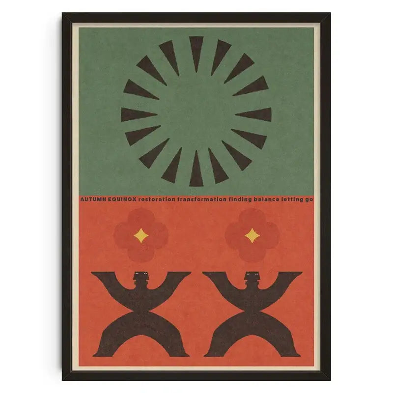 A DecorBites™ retro abstract canvas print with black silhouettes on orange background and green geometric design