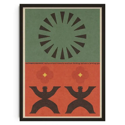 A DecorBites retro abstract canvas print featuring black silhouettes on orange with a green sun for home decor