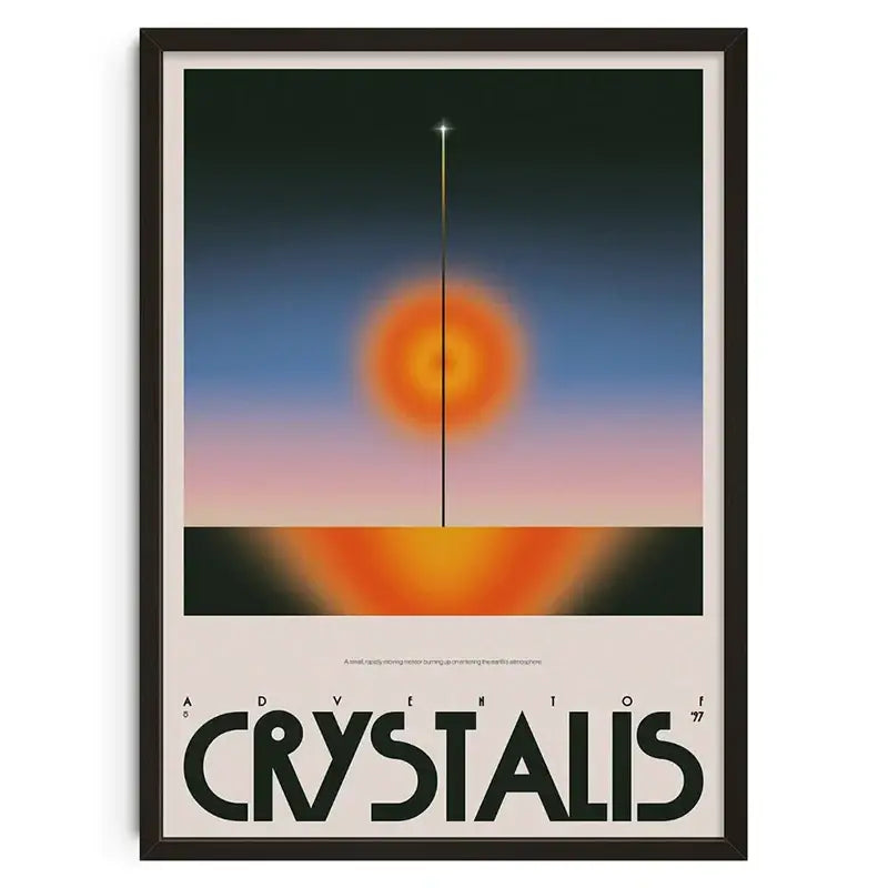Framed DecorBites™ retro abstract canvas print with stylized orange and blue sunset and bold black text for home decor