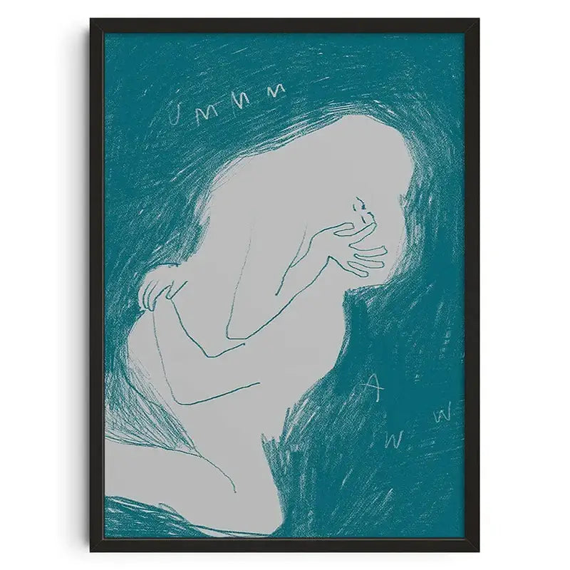 Teal and gray abstract canvas print featuring a line drawing of a figure with hands covering its face in a black frame