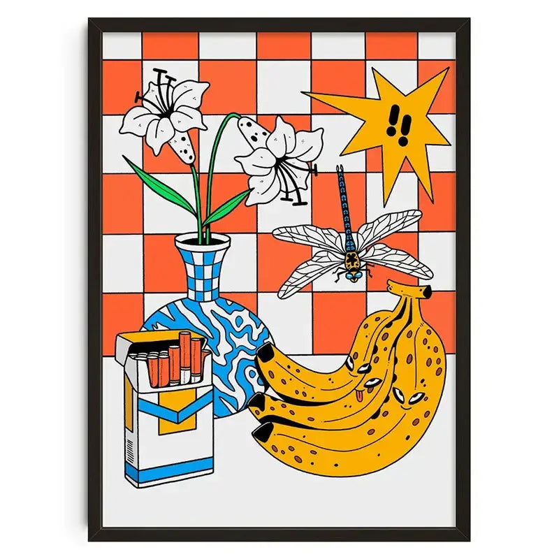 Decorbites™ retro abstract canvas print featuring a blue patterned vase with white lilies on an orange checkered background