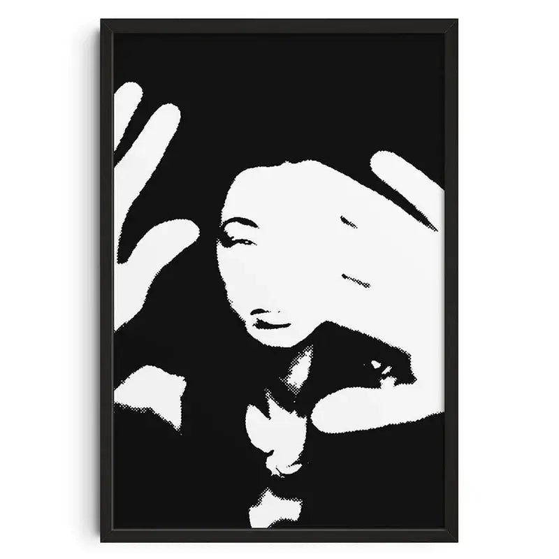 Black-framed decorbites retro abstract canvas print featuring high-contrast stylized white portrait on black background