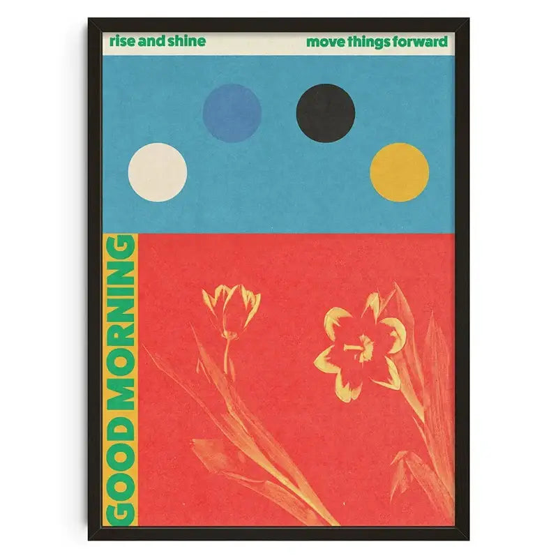A framed decorbites™ retro abstract canvas print with bold blue red design and stylized yellow flowers