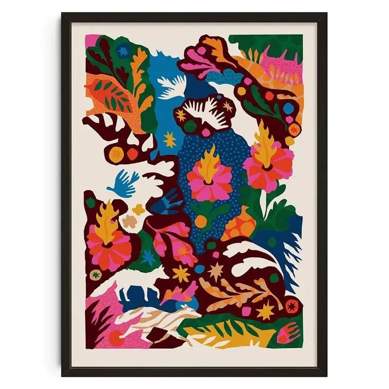 Decorbites™ retro abstract canvas print wall art featuring vibrant floral and animal motifs in bold colors in black frame
