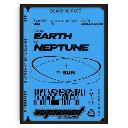 Blue framed retro abstract canvas print wall art featuring a stylized boarding pass design for supremat spacelines