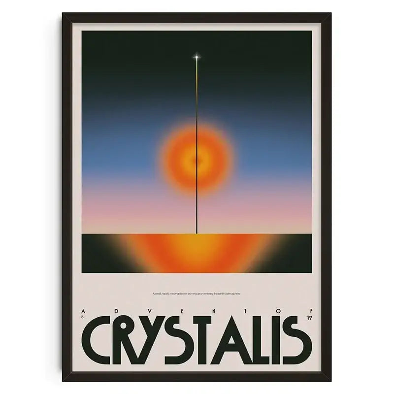 A framed DecorBites™ retro abstract canvas print wall art featuring a glowing orange orb and bold black text adventure of crystalis 77
