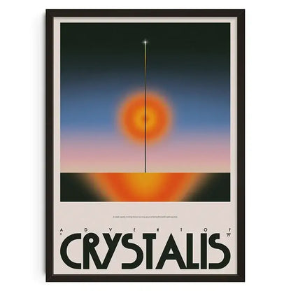 A framed DecorBites™ retro abstract canvas print wall art featuring a glowing orange orb and bold black text adventure of crystalis 77